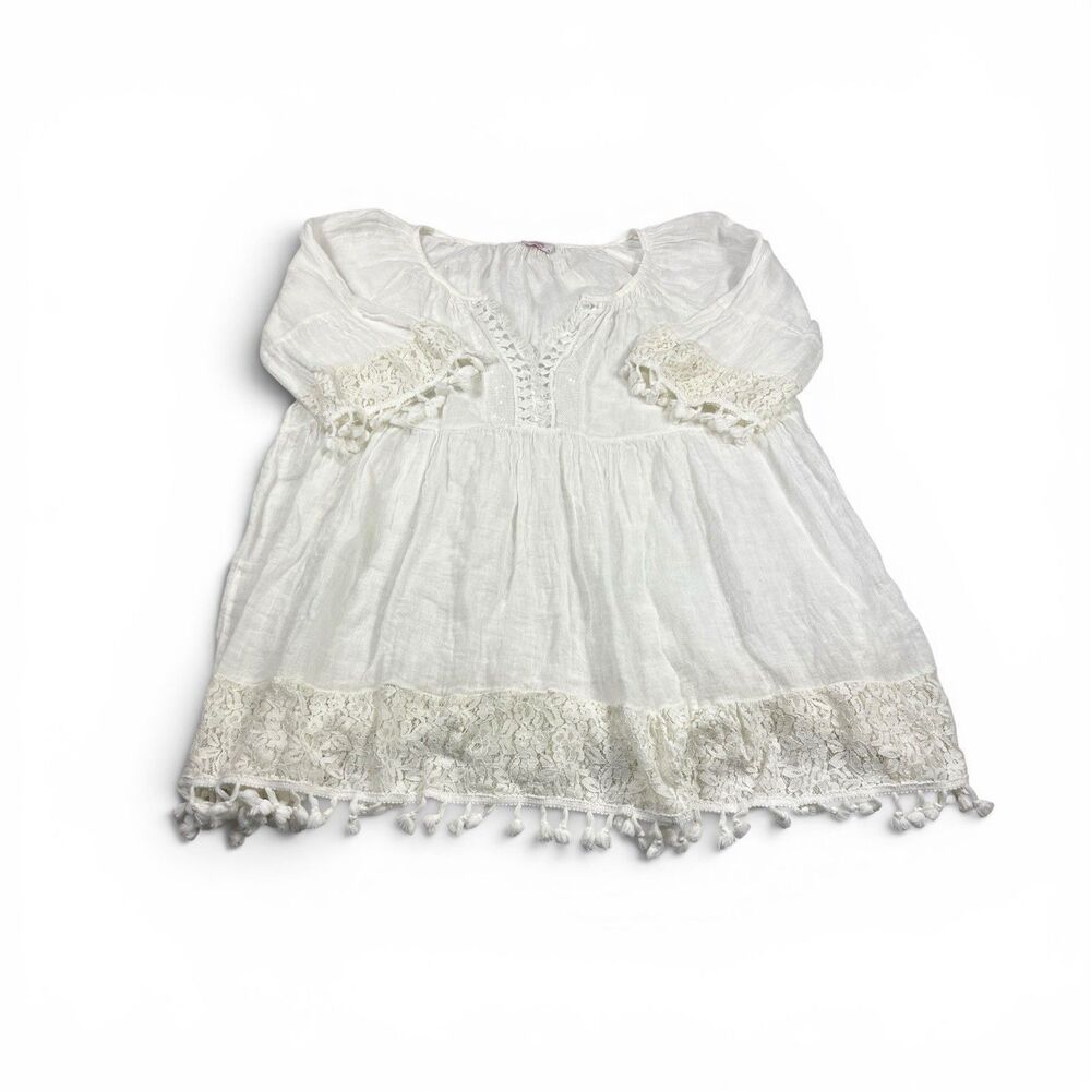 Scandal Italy Babydoll Swing Dress Ivory Crochet Beach Linen Coverup Tunic M/L